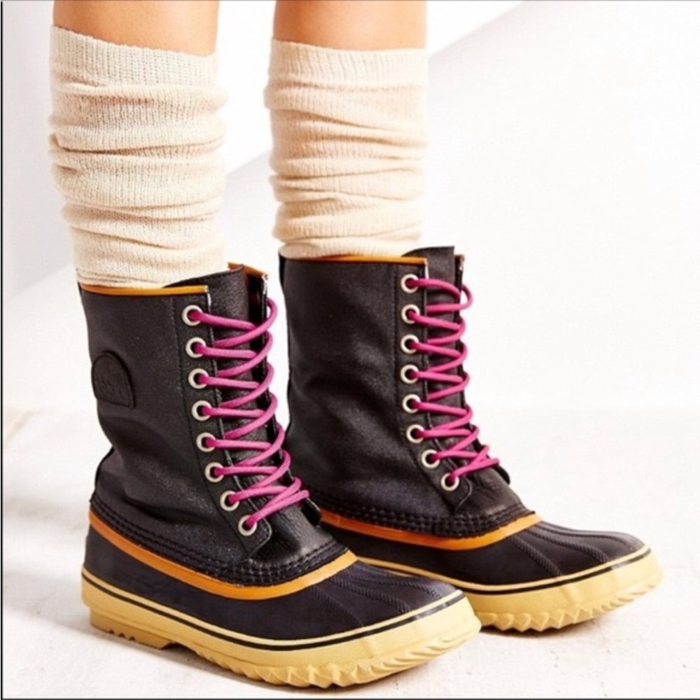SOREL High-Top Womens 964 Cold Weather Waterproof Duck Boots Black, Pink Laces